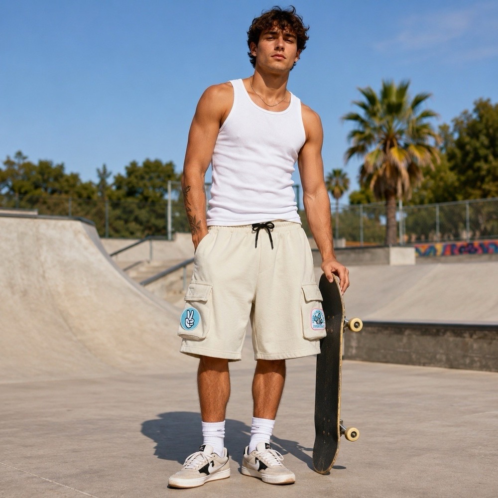 Eighty Eight Shorts XL Added Custom Patches Unisex Cream Cargo Sweat Shorts Y2K